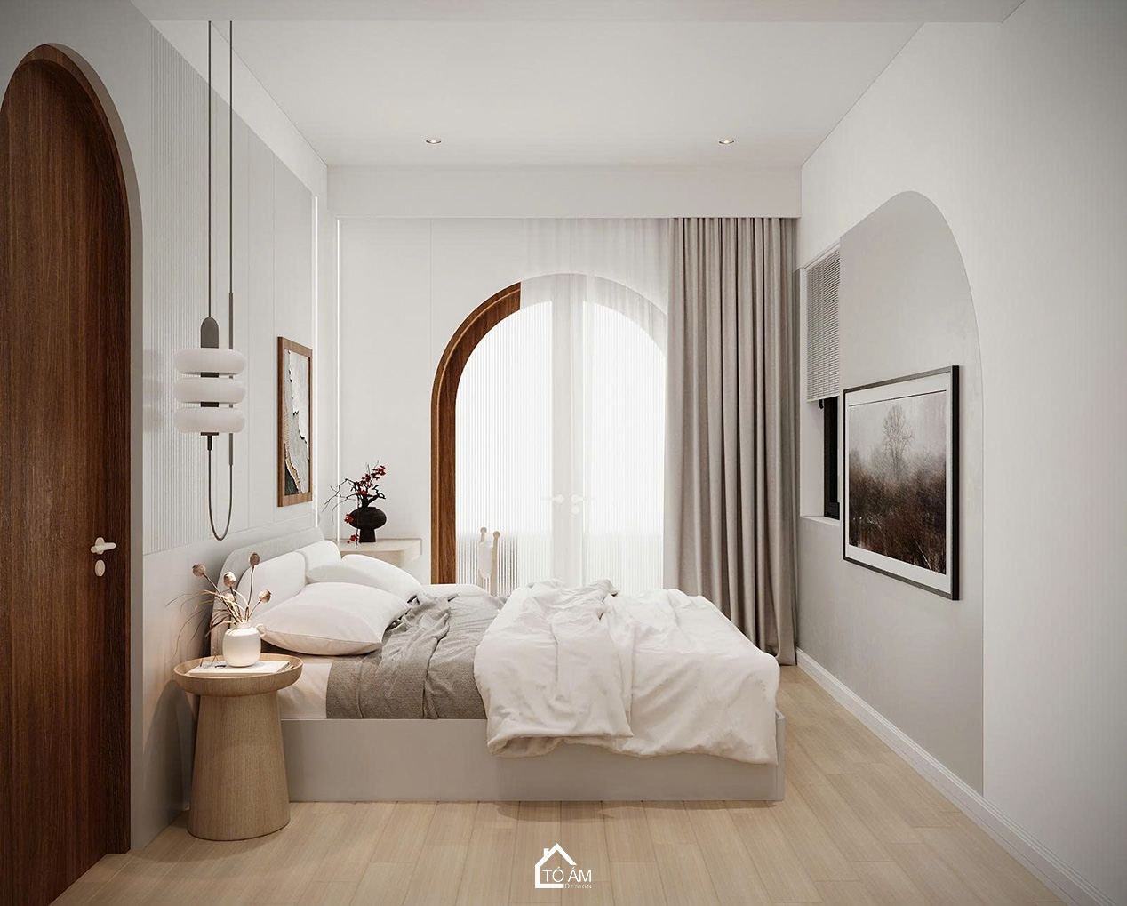 Phòng ngủ master thanh tịnh phong cách Japandi – Thiết kế 3D nhà phố Japandi Đông Anh - Tổ Ấm Design