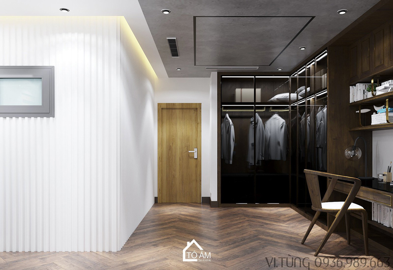 Phòng ngủ master sang trọng với phòng thay đồ liền kề – Thiết kế 3D chung cư 2 ngủ Times City - Tổ Ấm Design