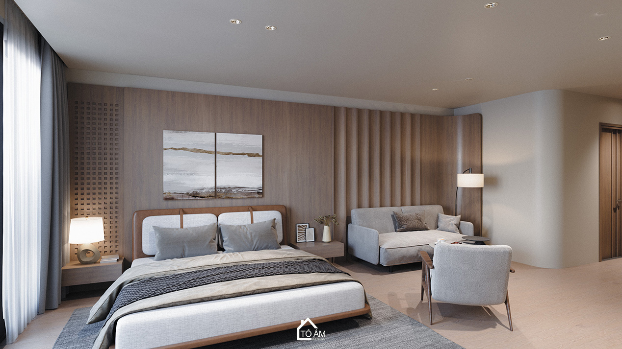 Phòng ngủ master siêu chill tone nâu gỗ tự nhiên – Thiết kế 3D nhà phố Wabisabi chữa lành - Tổ Ấm Design
