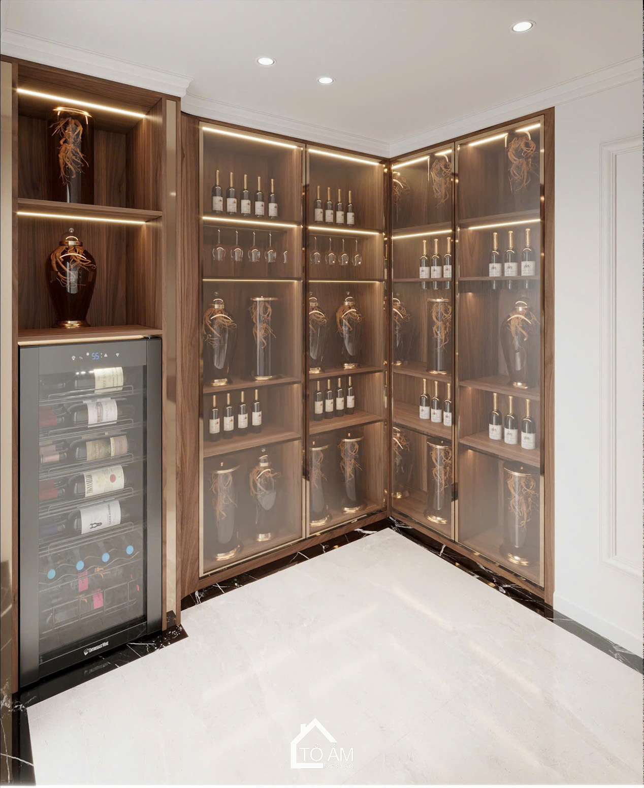 Phòng bếp chung cư sang trọng, ấm cùng và đầy đủ tiện nghi - Thiết kế 3D chung cư 4 ngủ Mulberry Land - Tổ Ấm Design