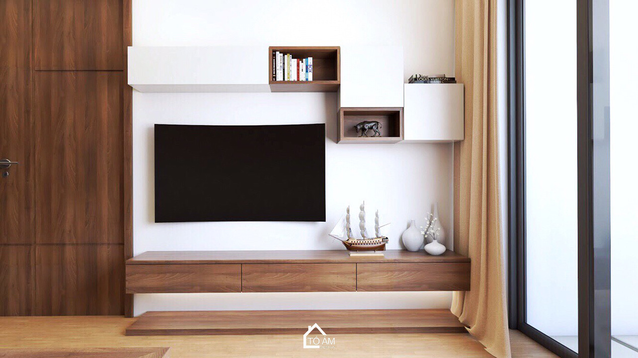 Phòng khách hiện đại ấm áp với gỗ Óc Chó tự nhiên – Thiết kế 3D chung cư 2 ngủ - Tổ Ấm Design