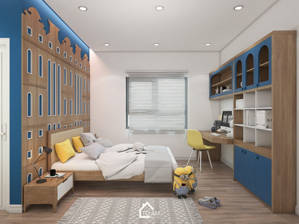 Thiết kế 3D nhà phố liền kề 3 tầng Bắc Ninh – Phòng Ngủ Bé trai hiện đại với gỗ Óc Chó sang trọng do Tổ Ấm Design thực hiện.