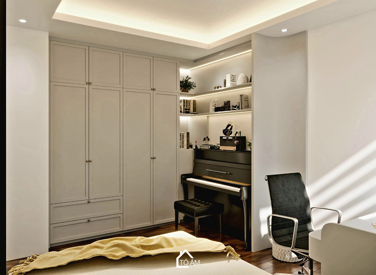 phòng ngủ con 1 thiết kế wabisabi cho người yêu sáng tạo – nhạc, nghệ thuật - Thiết kế 3D chung cư 3 ngủ phong cách Wabisabi – Tổ Ấm Design 