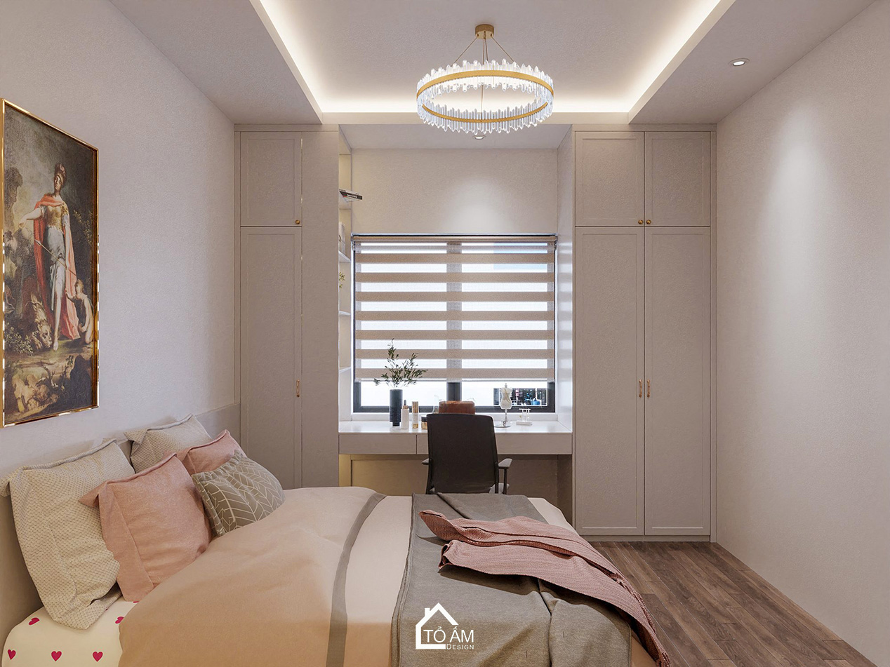 Thiết kế 3D phòng ngủ con gái 2 phong cách Neo-classic tông hồng pastel - Tổ Ấm Design