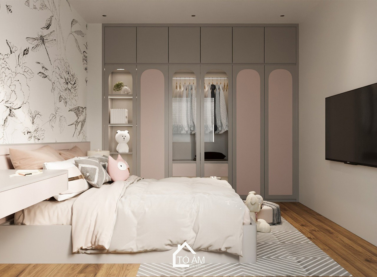 Phòng ngủ con gái hồng pastel dịu dàng nhà phố 4 tầng Lạng Sơn – Tổ Ấm Design