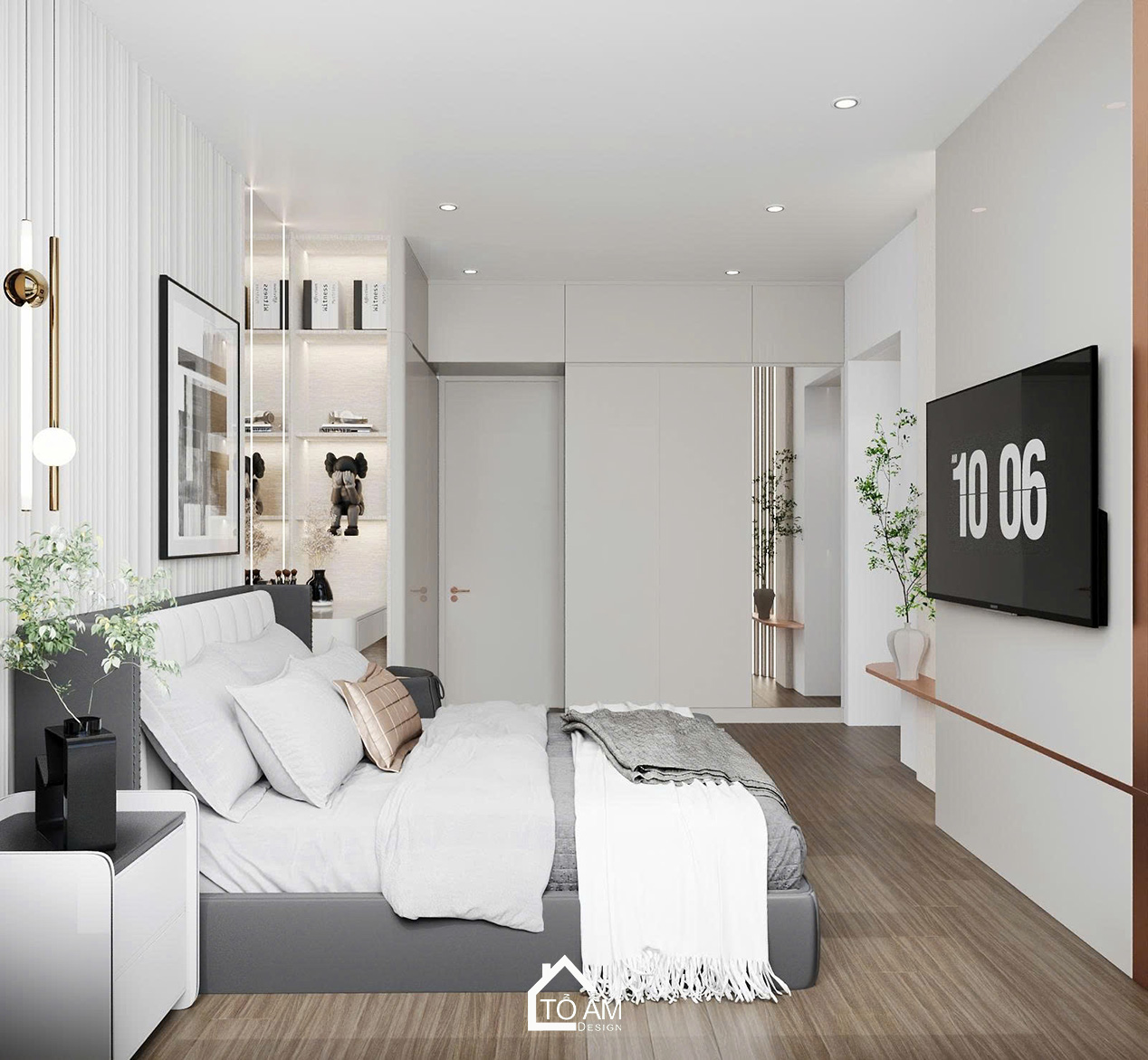 Thiết kế phòng ngủ master sang trọng Ocean Park - Thiết kế 3D chung cư 2 ngủ có phòng làm việc Ocean Park - Tổ Ấm Design