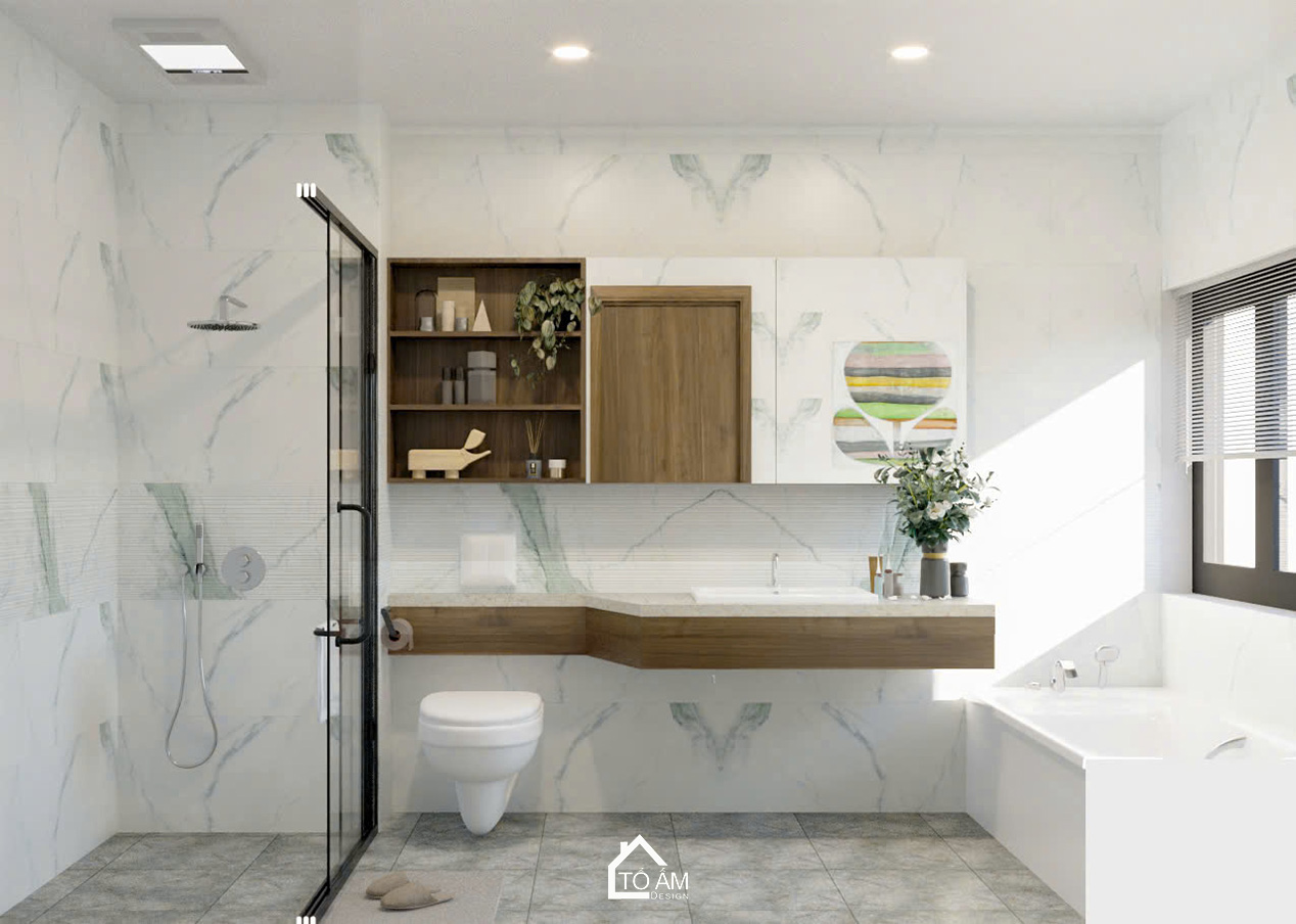 Phòng ngủ master sang trọng với lam gỗ và ánh sáng dịu – Thiết kế 3D chung cư 2 ngủ Ciputra - Tổ Ấm Design