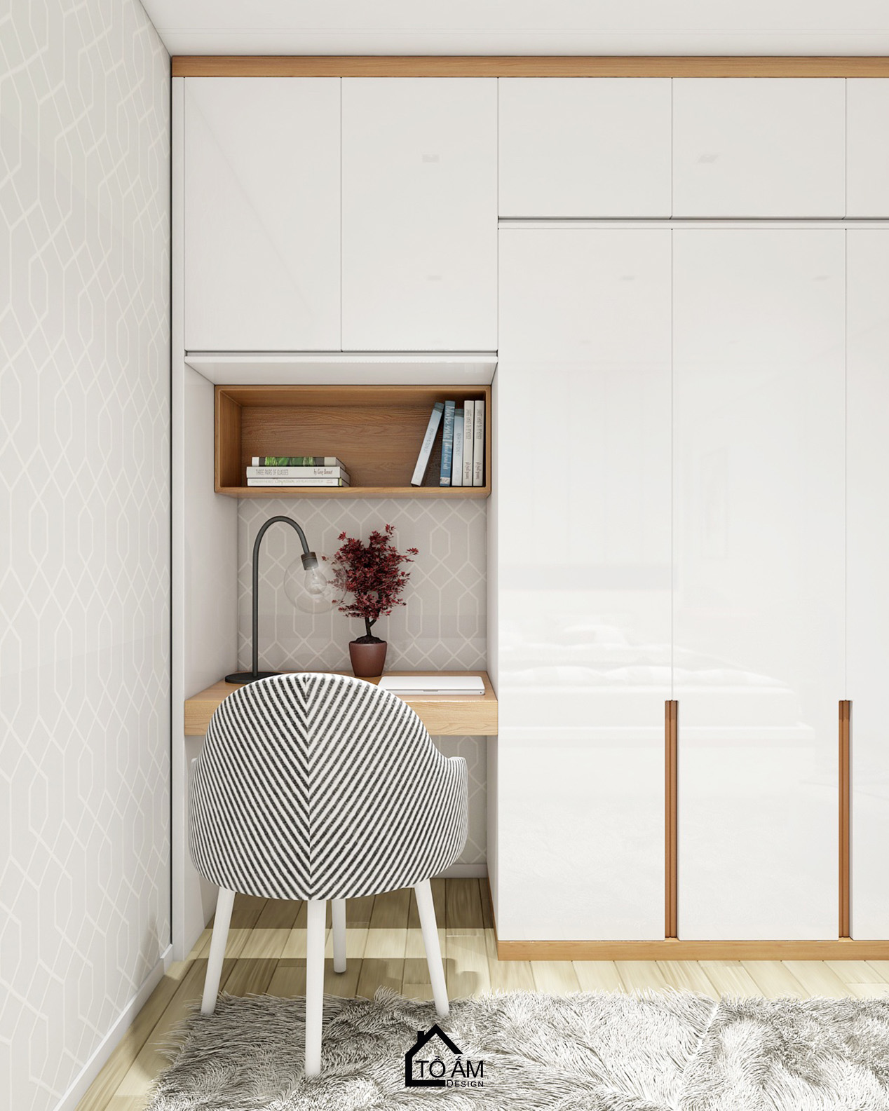 Phòng ngủ master tinh giản, tone trắng – Thiết kế 3D chung cư 2 ngủ Hoàng Mai - Tổ Ấm Design