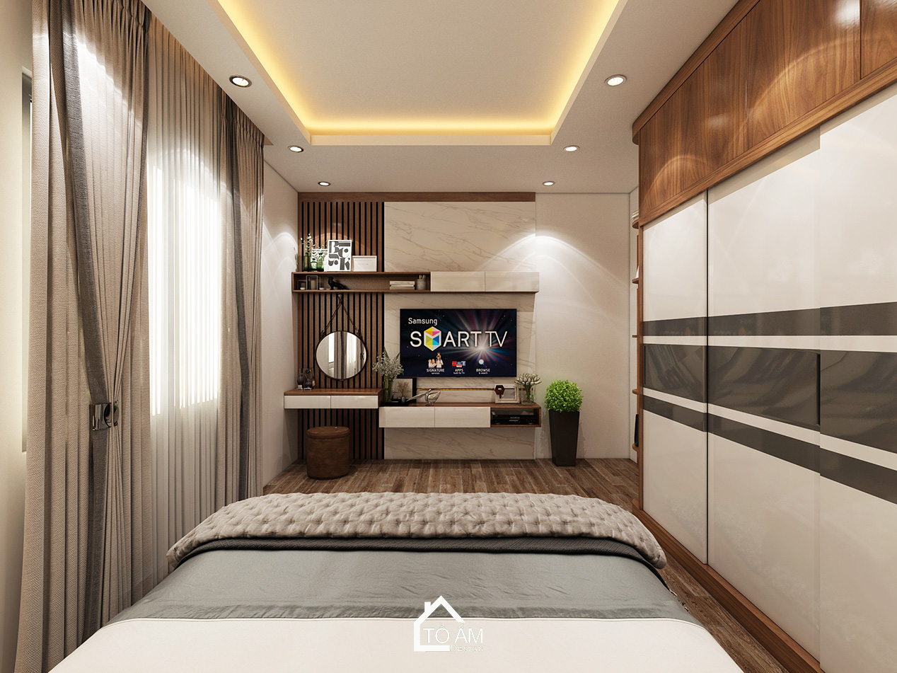 Ảnh 3D thiết kế nhà phố hiện đại tại Thường Tín – Tổ Ấm Design – không gian phòng ngủ Master sang trọng, tinh tế với chất liệu gỗ Óc Chó