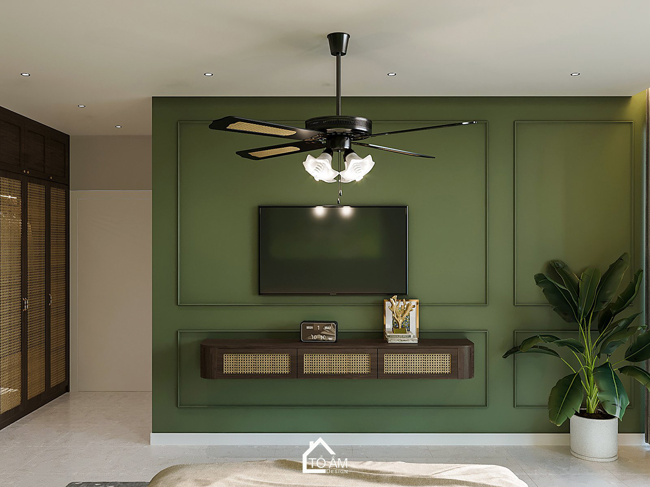 Thiết kế 3D Phòng ngủ master mang hơi thở thiên nhiên với tone xanh lá - Tổ Ấm Design