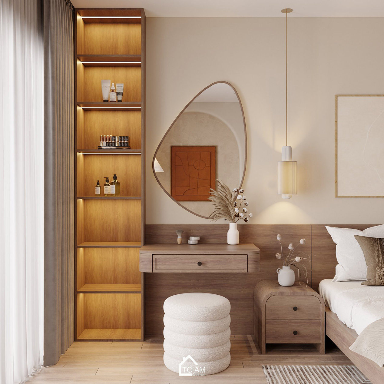 Thiết kế 3D phòng ngủ master nhà phố Hoàng Cầu phong cách Wabisabi ấm áp - Tổ Ấm Design