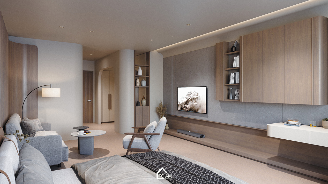 Phòng ngủ master siêu chill tone nâu gỗ tự nhiên – Thiết kế 3D nhà phố Wabisabi chữa lành - Tổ Ấm Design
