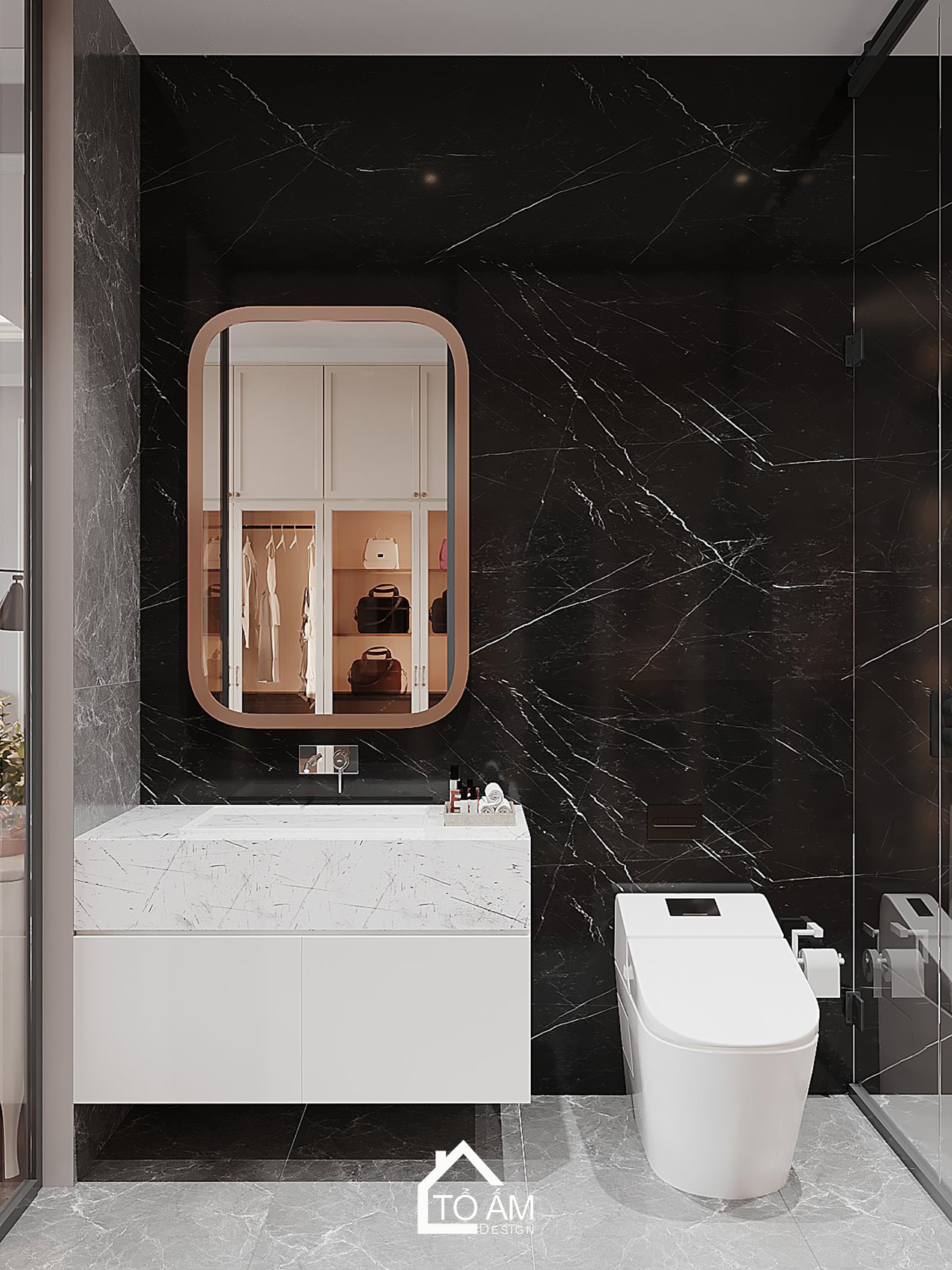 Phòng WC Neo-Classic trong thiết kế 3D nhà phố 5 tầng Móng Cái - Tổ Ấm Design