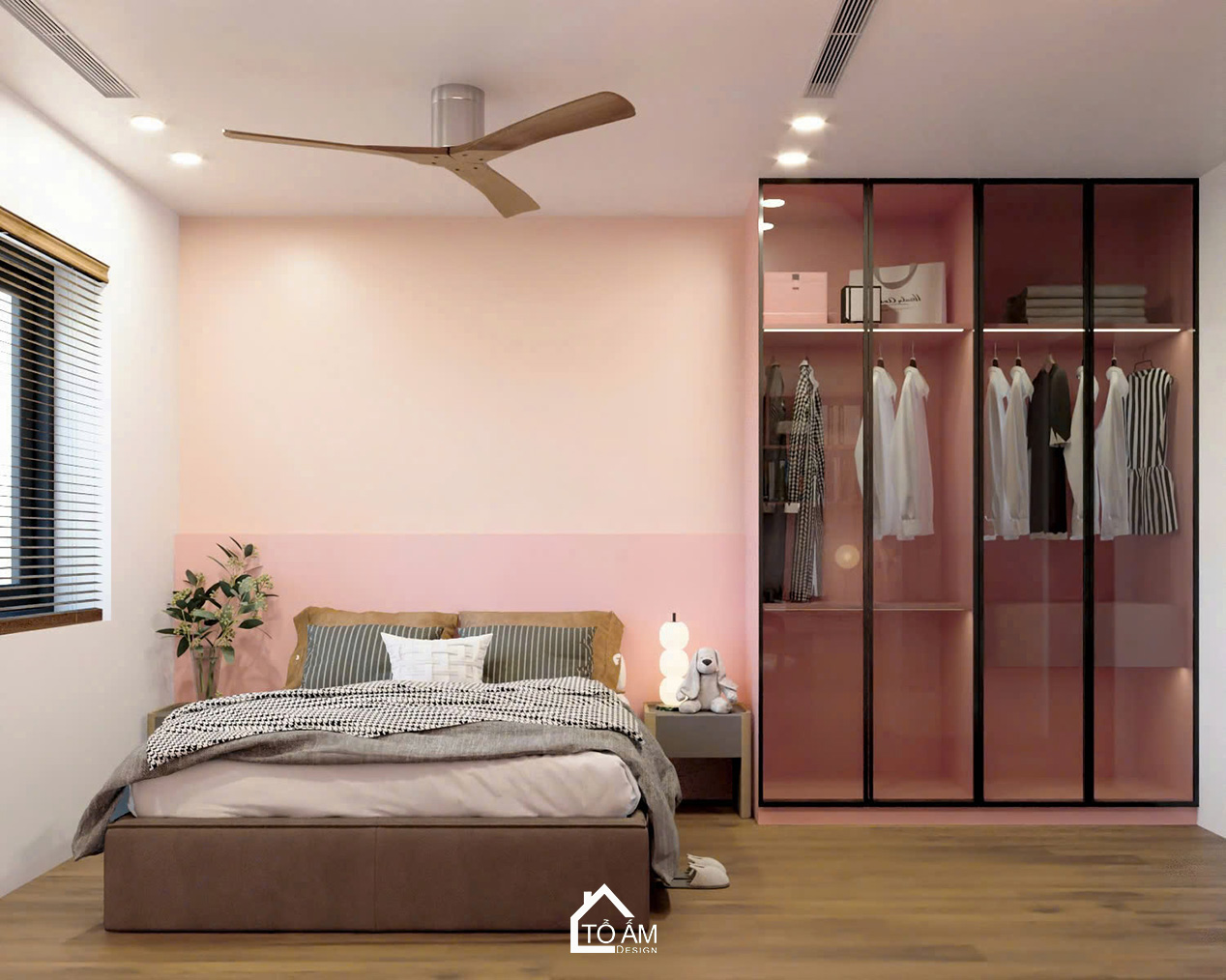 Phòng ngủ bé gái tông hồng pastel nhẹ nhàng – Thiết kế 3D chung cư 2 ngủ Ciputra - Tổ Ấm Design