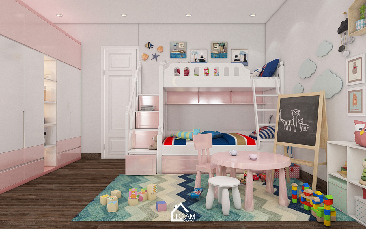 Ảnh 3D thiết kế nhà phố hiện đại tại Thường Tín – Tổ Ấm Design – không gian phòng ngủ bé gái sang trọng, tinh tế với chất liệu gỗ Óc Chó