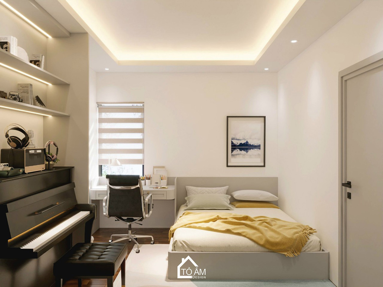 phòng ngủ con 1 thiết kế wabisabi cho người yêu sáng tạo – nhạc, nghệ thuật - Thiết kế 3D chung cư 3 ngủ phong cách Wabisabi – Tổ Ấm Design