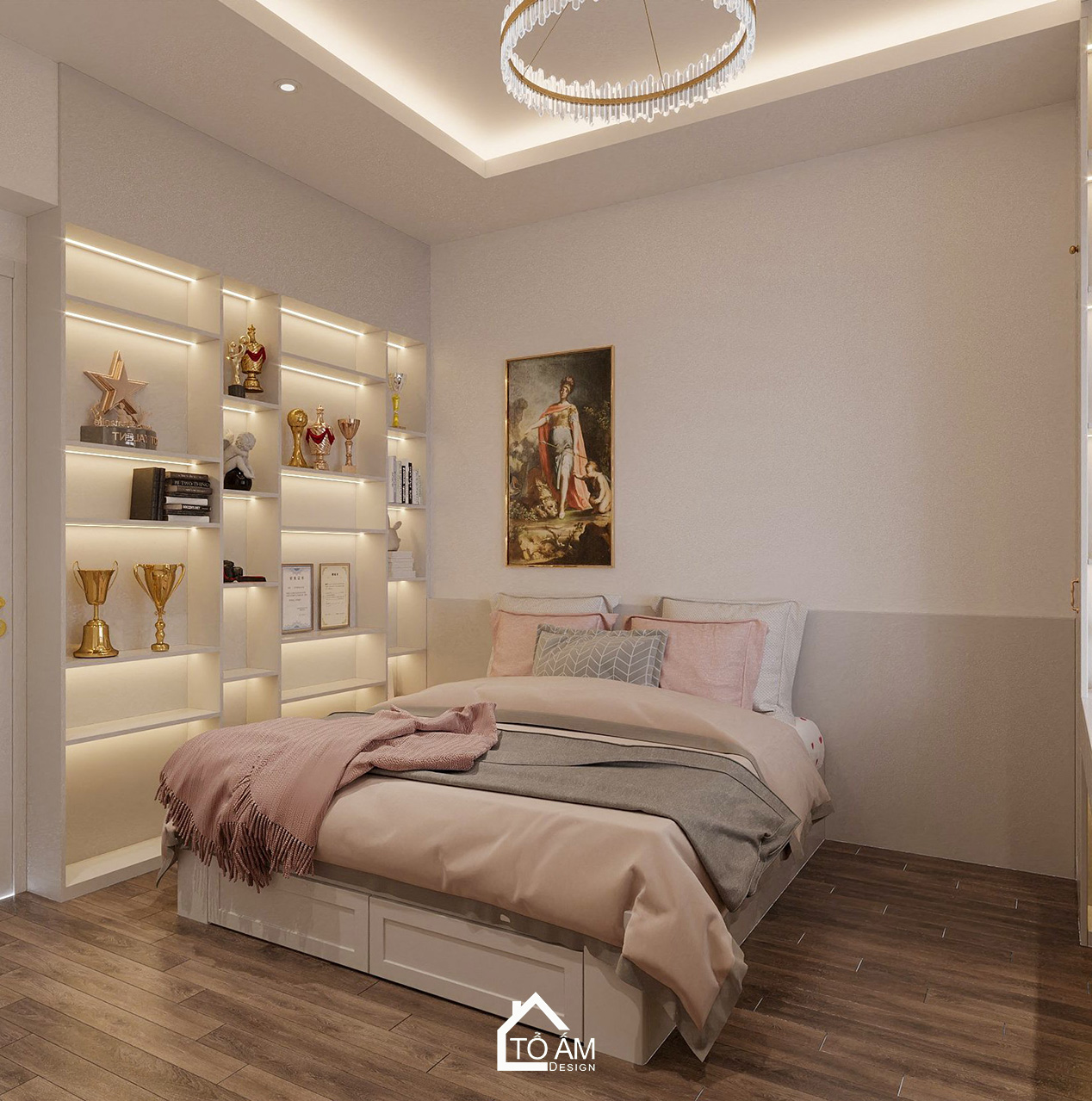 Thiết kế 3D phòng ngủ con gái 2 phong cách Neo-classic tông hồng pastel - Tổ Ấm Design