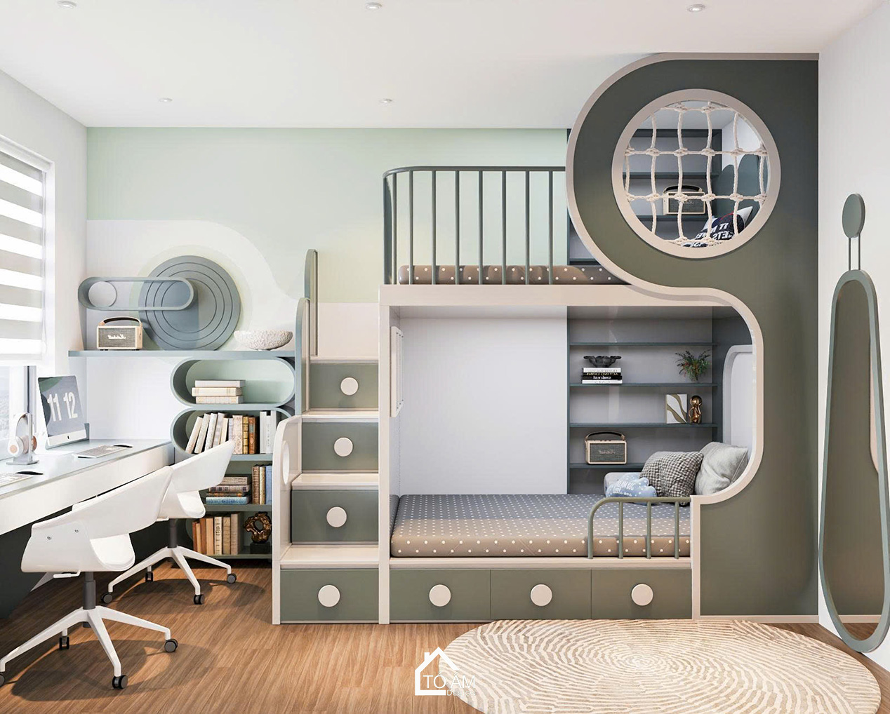 Thiết kế phòng ngủ bé trai hiện đại với giường tầng - Thiết kế 3D chung cư 2 ngủ có phòng làm việc Ocean Park - Tổ Ấm Design