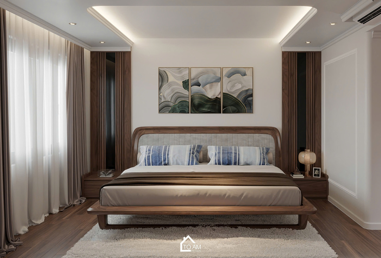Phòng ngủ master chung cư sang trọng, ấm cùng và đầy đủ tiện nghi - Thiết kế 3D chung cư 4 ngủ Mulberry Land - Tổ Ấm Design