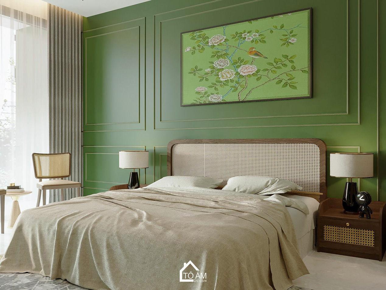 Thiết kế 3D Phòng ngủ master mang hơi thở thiên nhiên với tone xanh lá - Tổ Ấm Design