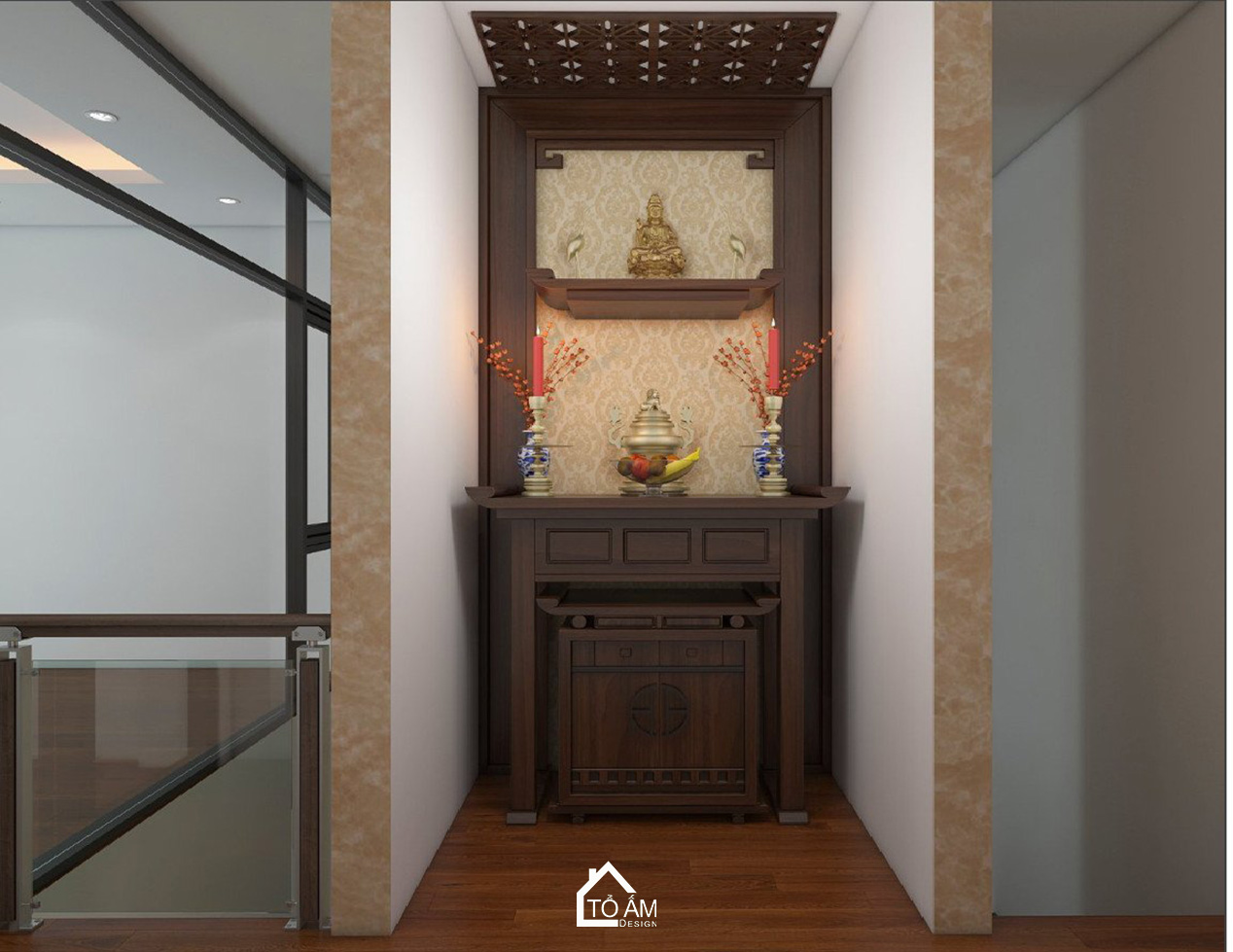 Thiết kế 3D nhà phố liền kề 3 tầng Bắc Ninh – Phòng Thờ hiện đại với gỗ Óc Chó sang trọng do Tổ Ấm Design thực hiện.