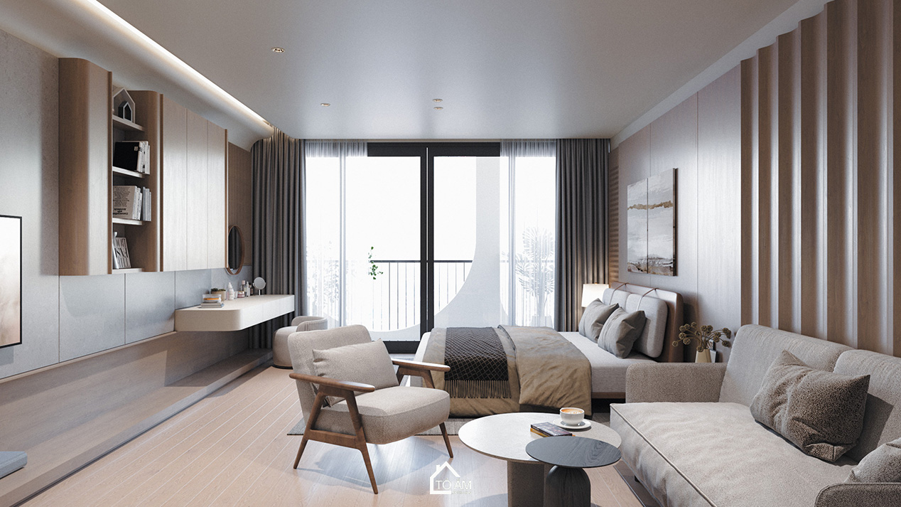 Phòng ngủ master siêu chill tone nâu gỗ tự nhiên – Thiết kế 3D nhà phố Wabisabi chữa lành - Tổ Ấm Design