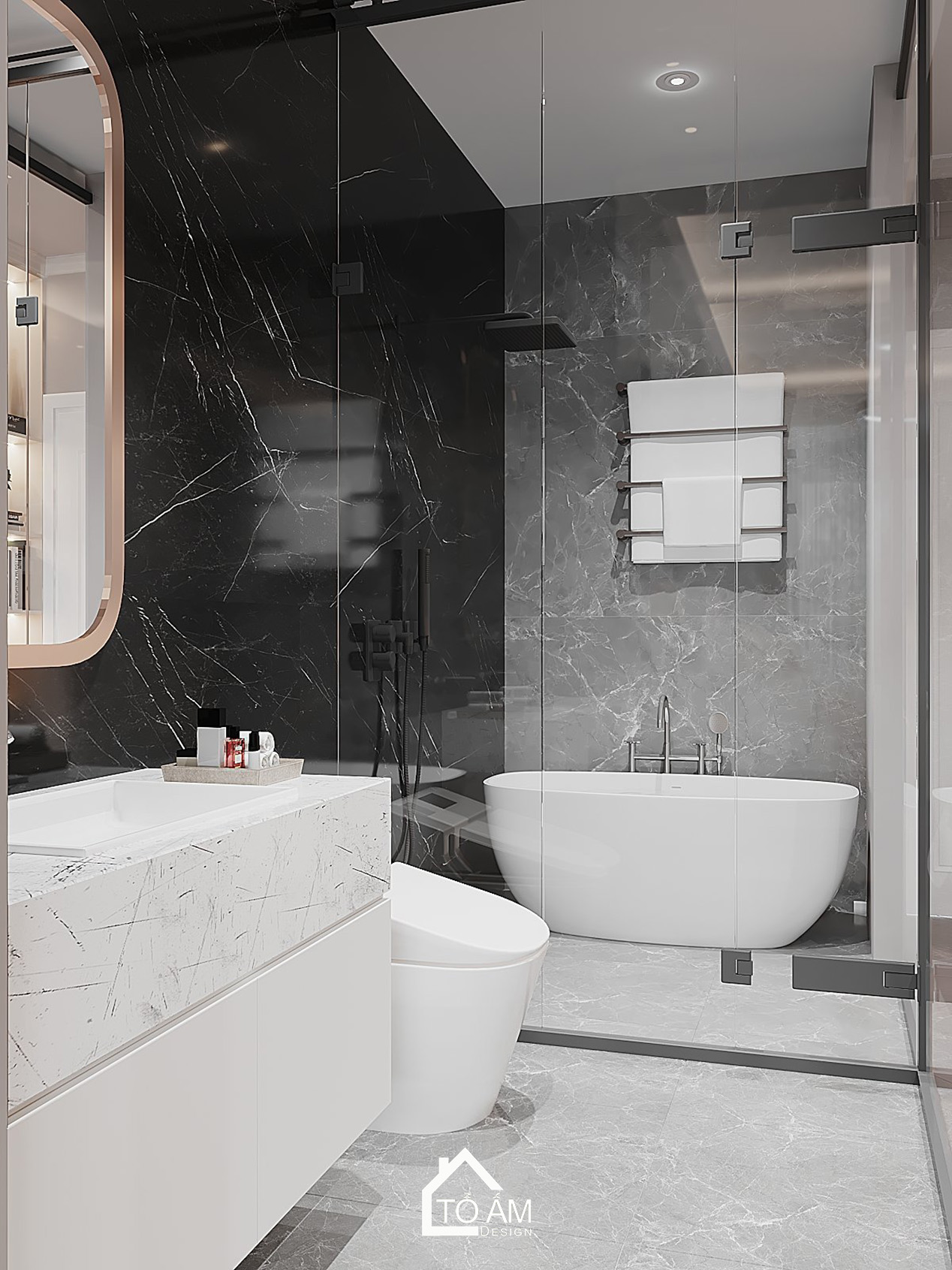 Phòng WC Neo-Classic trong thiết kế 3D nhà phố 5 tầng Móng Cái - Tổ Ấm Design