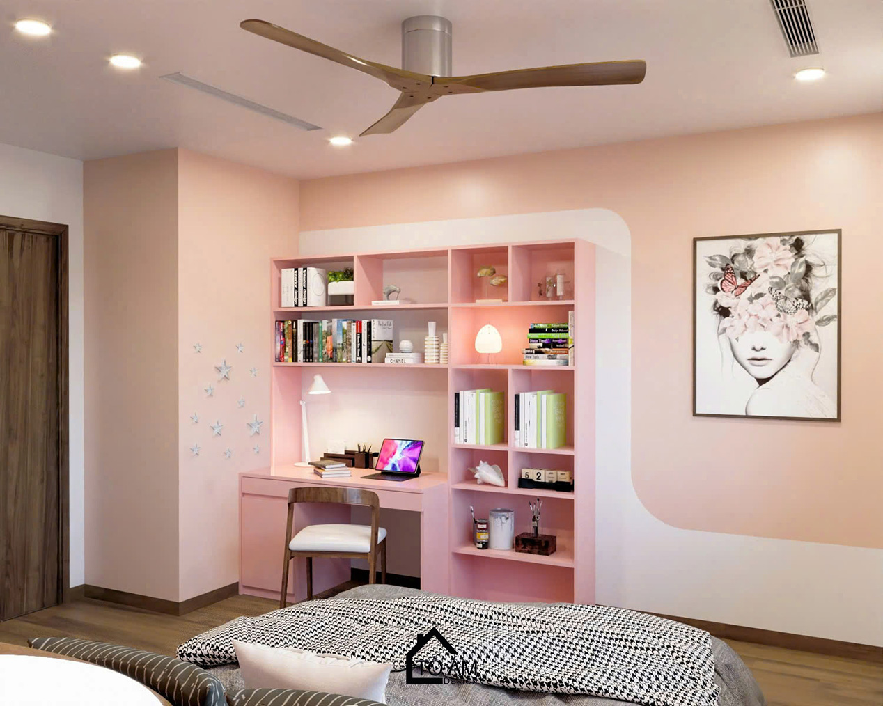 Phòng ngủ bé gái tông hồng pastel nhẹ nhàng – Thiết kế 3D chung cư 2 ngủ Ciputra - Tổ Ấm Design