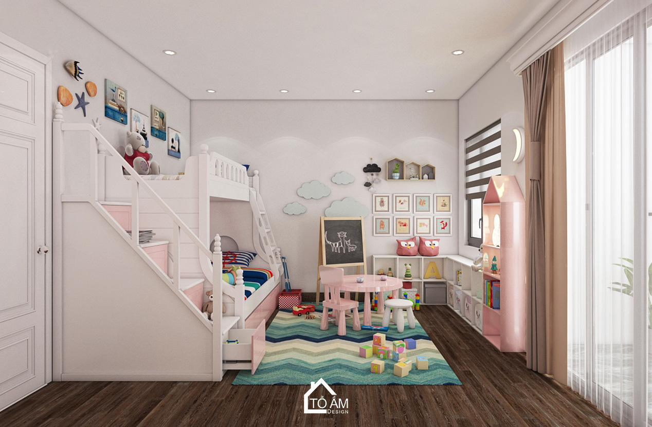 Ảnh 3D thiết kế nhà phố hiện đại tại Thường Tín – Tổ Ấm Design – không gian phòng ngủ bé gái sang trọng, tinh tế với chất liệu gỗ Óc Chó