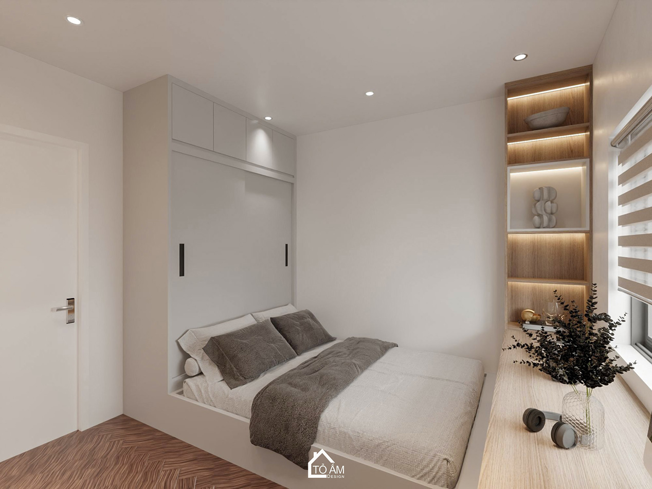 phòng ngủ con 2 phong cách Wabisabi tối giản và tinh tế - Thiết kế 3D chung cư 3 ngủ phong cách Wabisabi – Tổ Ấm Design
