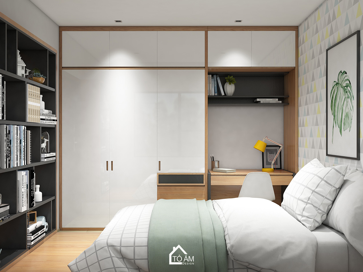 Phòng ngủ con đơn giản, sáng tạo – Thiết kế 3D chung cư 2 ngủ Hoàng Mai - Tổ Ấm Design