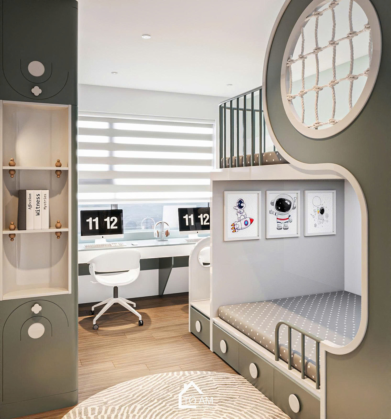 Thiết kế phòng ngủ bé trai hiện đại với giường tầng - Thiết kế 3D chung cư 2 ngủ có phòng làm việc Ocean Park - Tổ Ấm Design