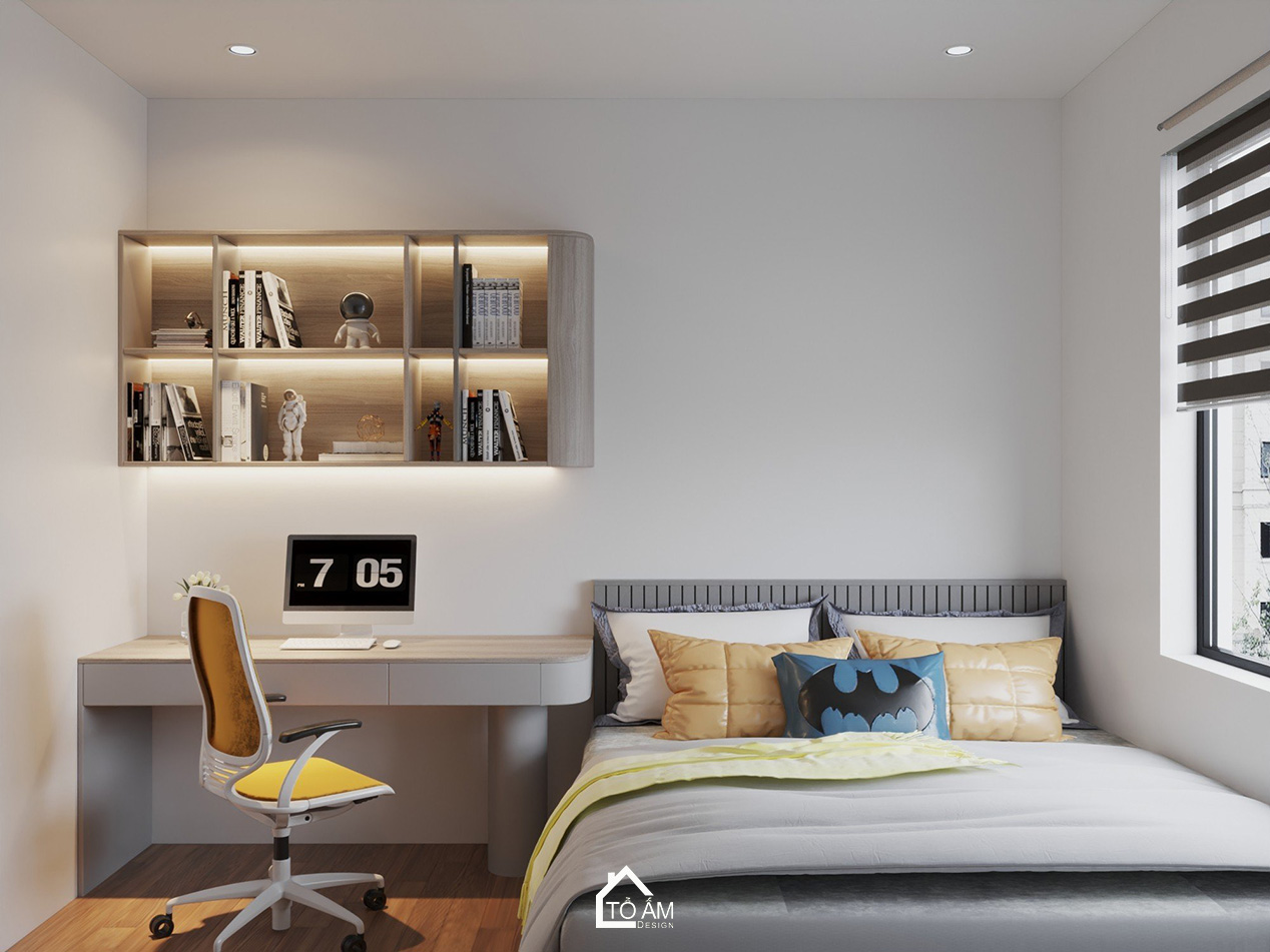 Phòng ngủ con trai với khu bàn học hiện đại - Thiết kế 3D chung cư 3 ngủ cho gia đình 4 người - Tổ Ấm Design