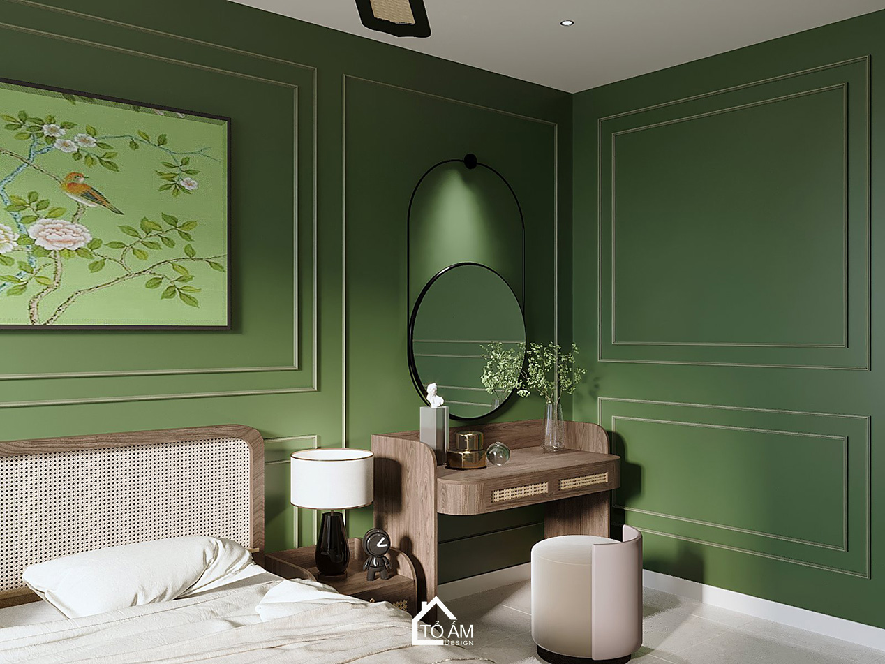 Thiết kế 3D Phòng ngủ master mang hơi thở thiên nhiên với tone xanh lá - Tổ Ấm Design