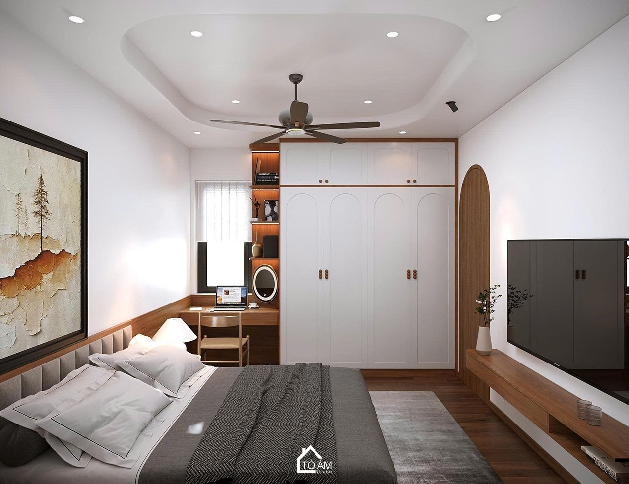 Phòng ngủ nhỏ 1 tối giản và sáng thoáng – Thiết kế 3D nhà phố Japadni Đông Anh - Tổ Ấm Design