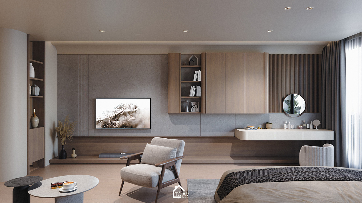 Phòng ngủ master siêu chill tone nâu gỗ tự nhiên – Thiết kế 3D nhà phố Wabisabi chữa lành - Tổ Ấm Design