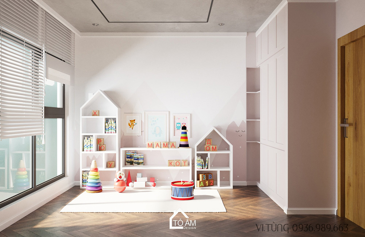 Phòng ngủ bé gái nhẹ nhàng, gam hồng pastel – Thiết kế 3D chung cư 2 ngủ Times City - Tổ Ấm Design