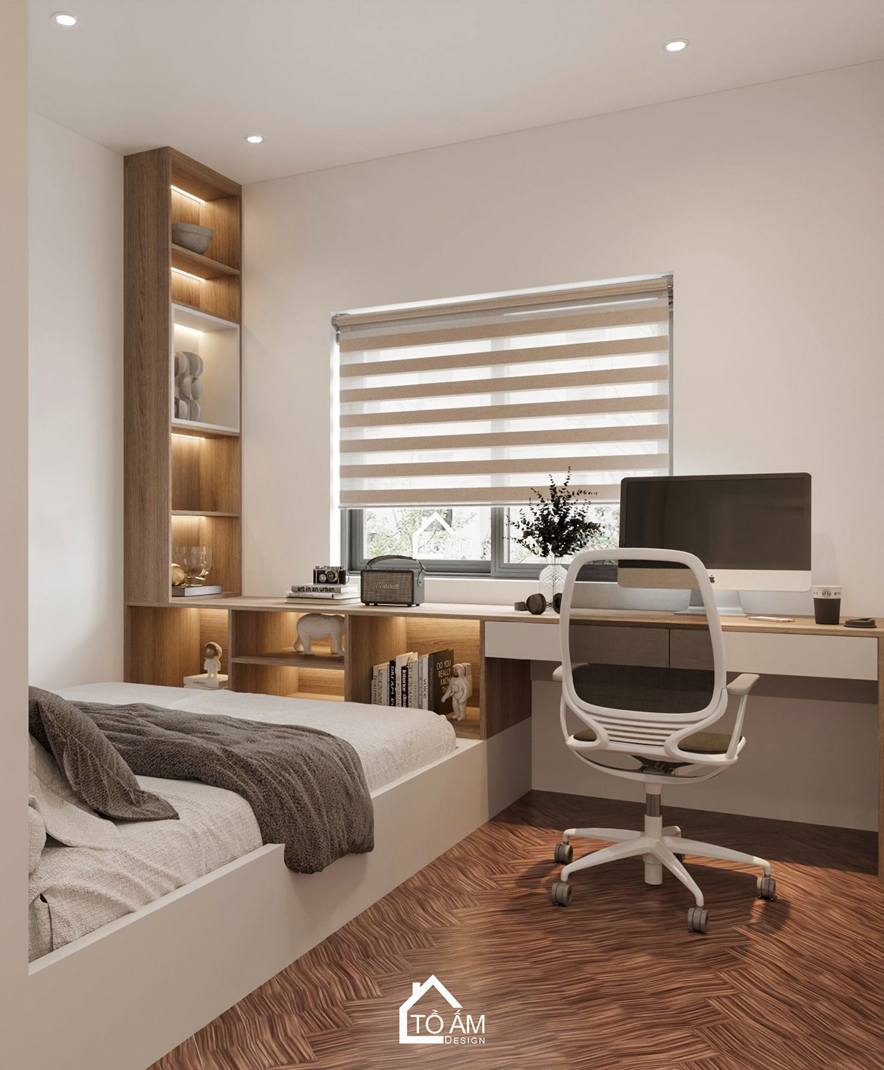 phòng ngủ con 2 phong cách Wabisabi tối giản và tinh tế - Thiết kế 3D chung cư 3 ngủ phong cách Wabisabi – Tổ Ấm Design