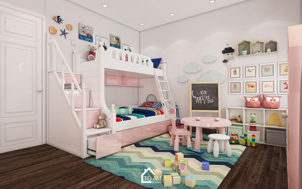 Ảnh 3D thiết kế nhà phố hiện đại tại Thường Tín – Tổ Ấm Design – không gian phòng ngủ bé gái sang trọng, tinh tế với chất liệu gỗ Óc Chó