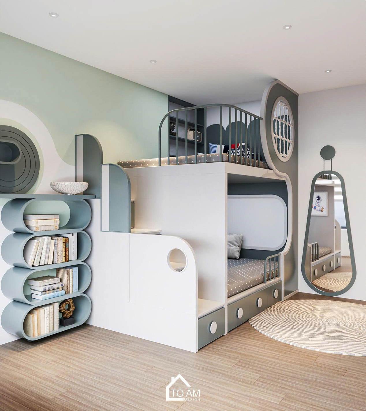 Thiết kế phòng ngủ bé trai hiện đại với giường tầng - Thiết kế 3D chung cư 2 ngủ có phòng làm việc Ocean Park - Tổ Ấm Design