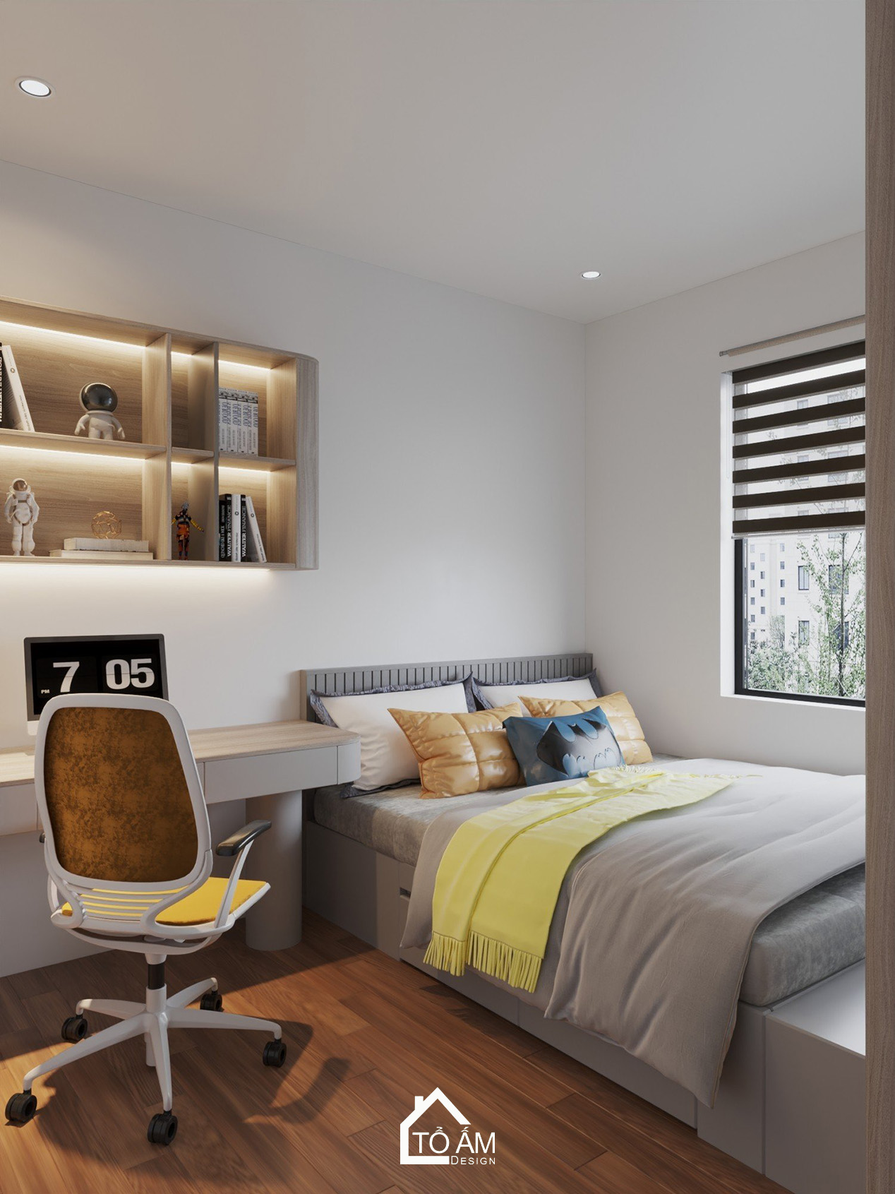 Phòng ngủ con trai với khu bàn học hiện đại - Thiết kế 3D chung cư 3 ngủ cho gia đình 4 người - Tổ Ấm Design