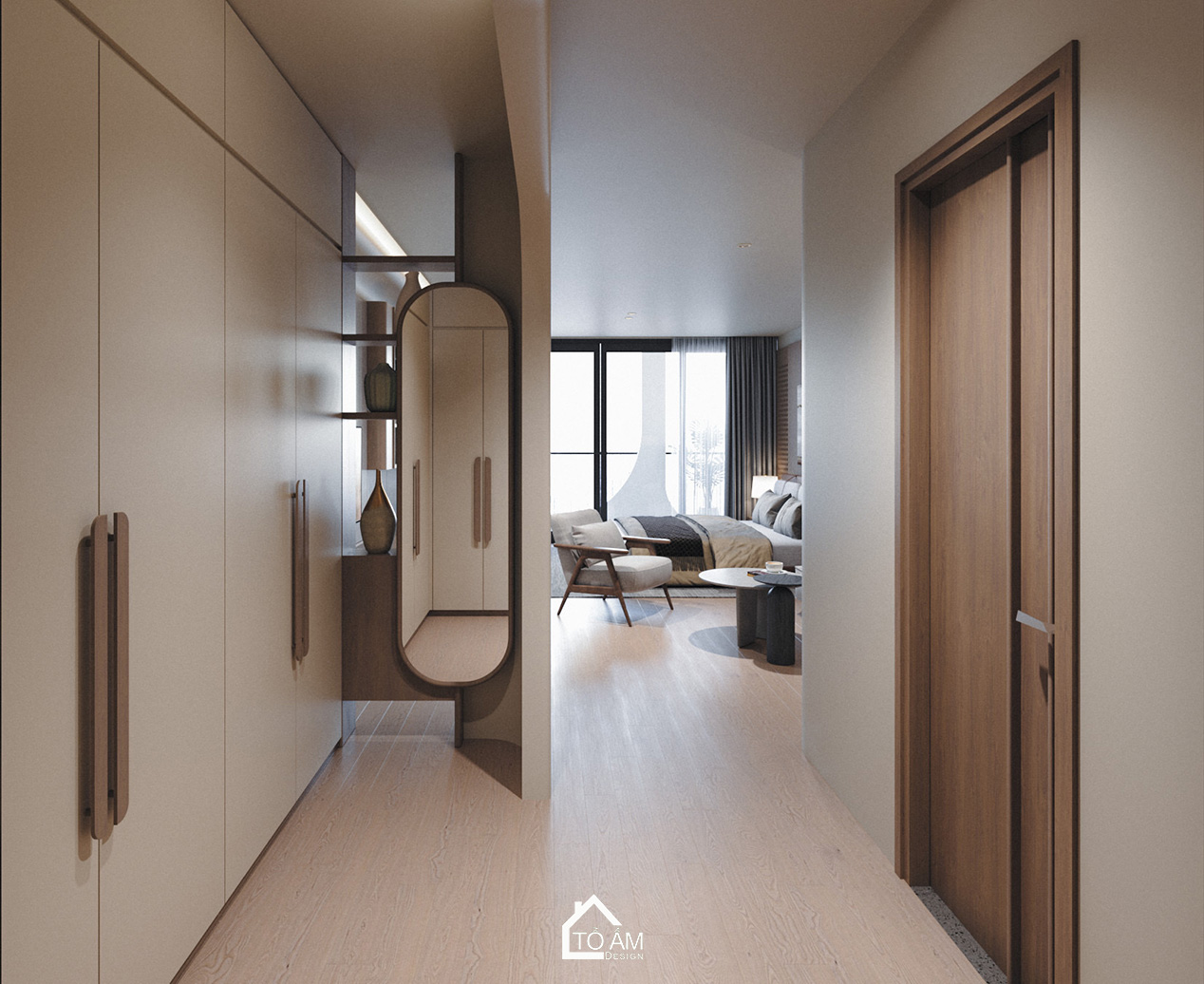 Phòng ngủ master siêu chill tone nâu gỗ tự nhiên – Thiết kế 3D nhà phố Wabisabi chữa lành - Tổ Ấm Design
