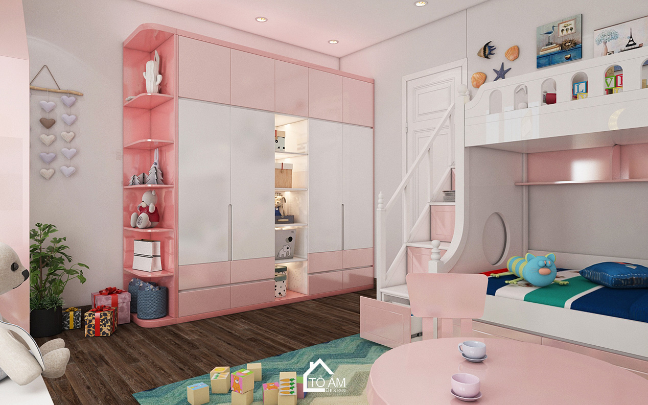 Ảnh 3D thiết kế nhà phố hiện đại tại Thường Tín – Tổ Ấm Design – không gian phòng ngủ bé gái sang trọng, tinh tế với chất liệu gỗ Óc Chó