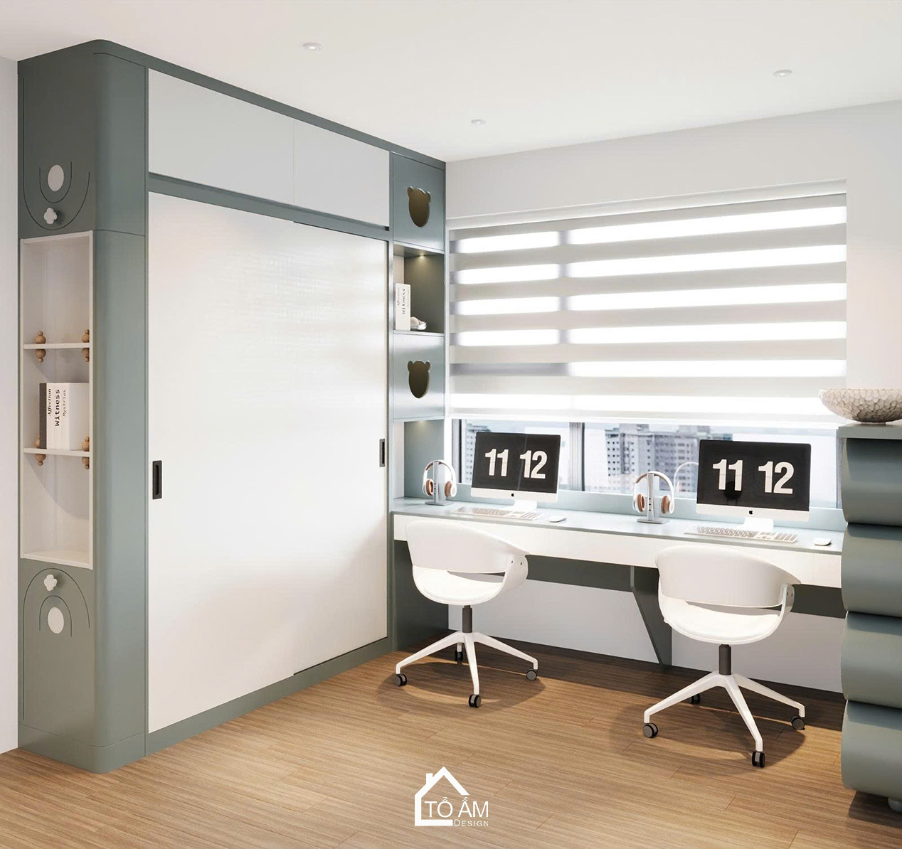 Thiết kế phòng ngủ bé trai hiện đại với giường tầng - Thiết kế 3D chung cư 2 ngủ có phòng làm việc Ocean Park - Tổ Ấm Design