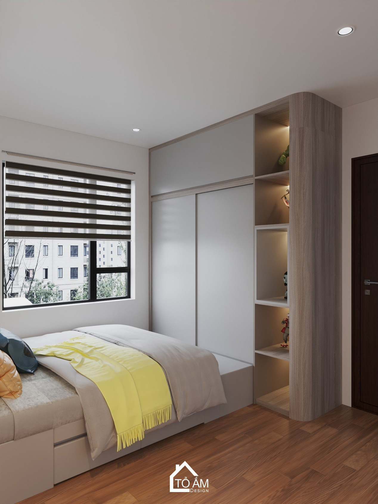 Phòng ngủ con trai với khu bàn học hiện đại - Thiết kế 3D chung cư 3 ngủ cho gia đình 4 người - Tổ Ấm Design