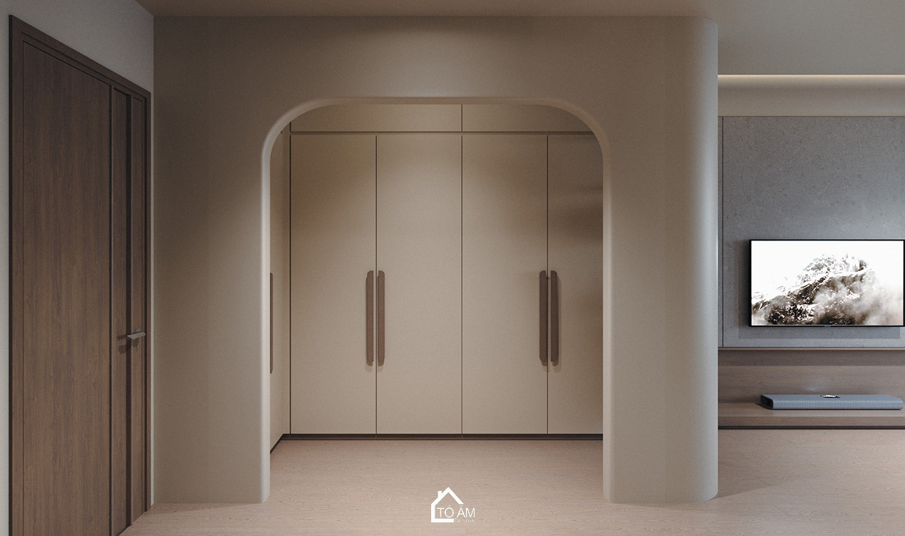 Phòng ngủ master siêu chill tone nâu gỗ tự nhiên – Thiết kế 3D nhà phố Wabisabi chữa lành - Tổ Ấm Design