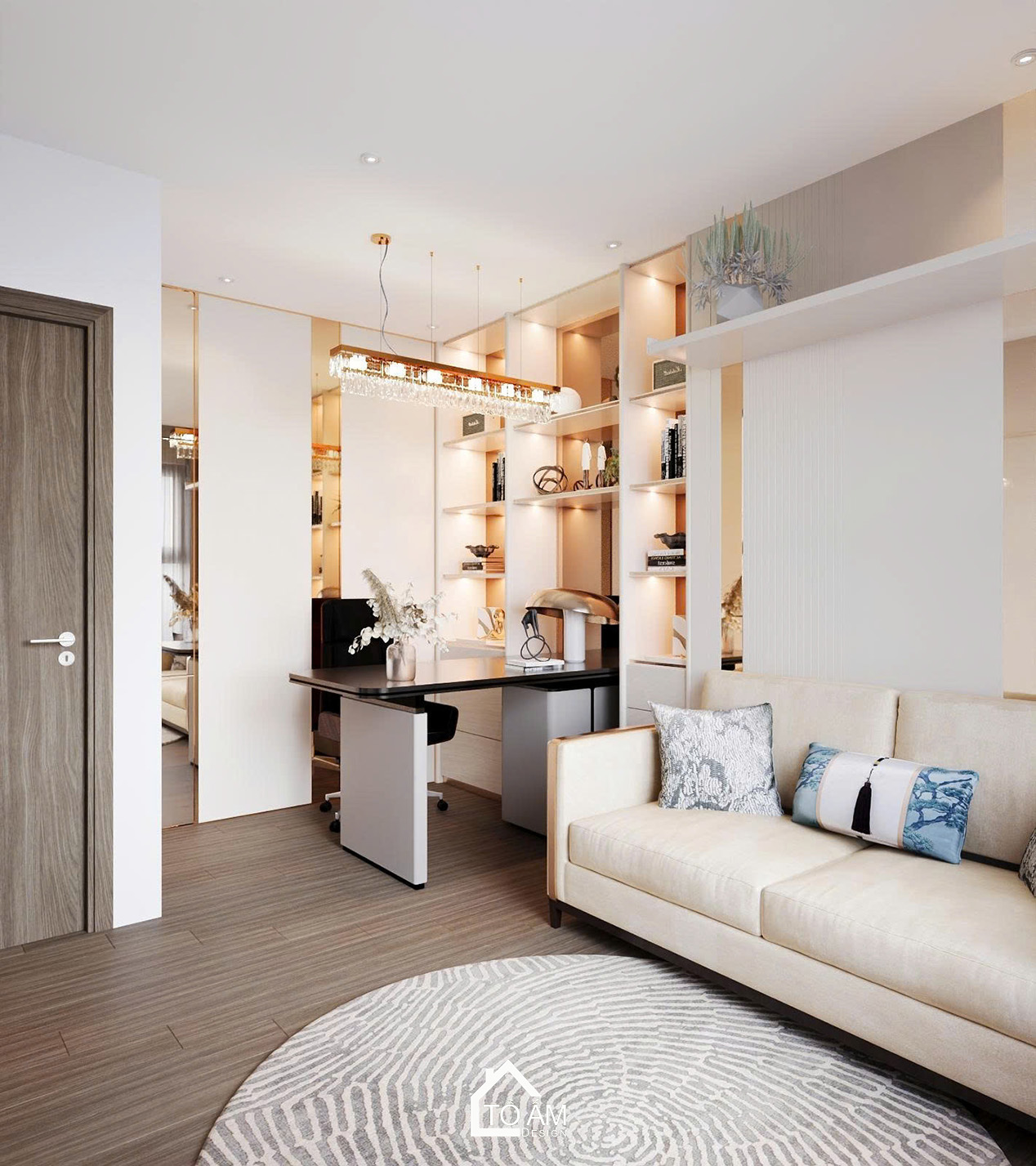 Không gian phòng làm việc kết hợp giường ngủ khách Ocean Park - Thiết kế 3D chung cư 2 ngủ có phòng làm việc Ocean Park - Tổ Ấm Design