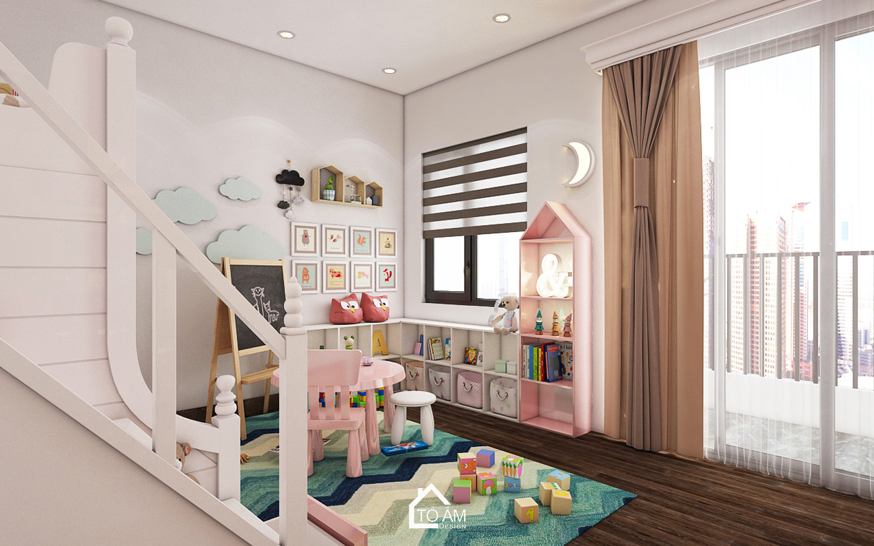 Ảnh 3D thiết kế nhà phố hiện đại tại Thường Tín – Tổ Ấm Design – không gian phòng ngủ bé gái sang trọng, tinh tế với chất liệu gỗ Óc Chó