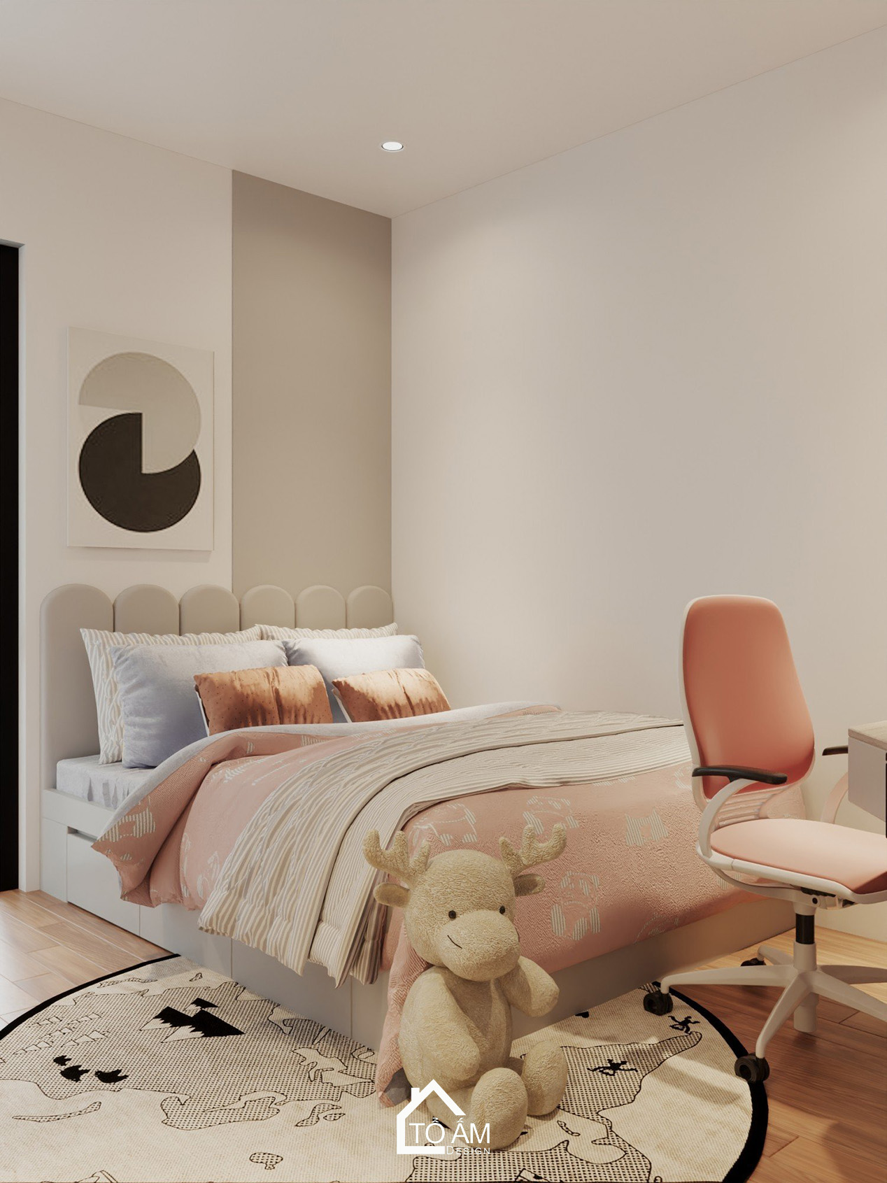 Phòng ngủ con gái pastel ấm cúng - Thiết kế 3D chung cư 3 ngủ cho gia đình 4 người – Tổ Ấm Design