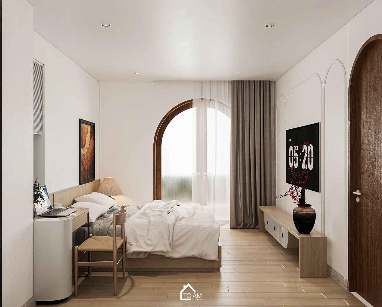 Phòng ngủ nhỏ 2 ấm áp, tinh tế – Thiết kế 3D nhà phố Japandi Đông Anh - Tổ Ấm Design